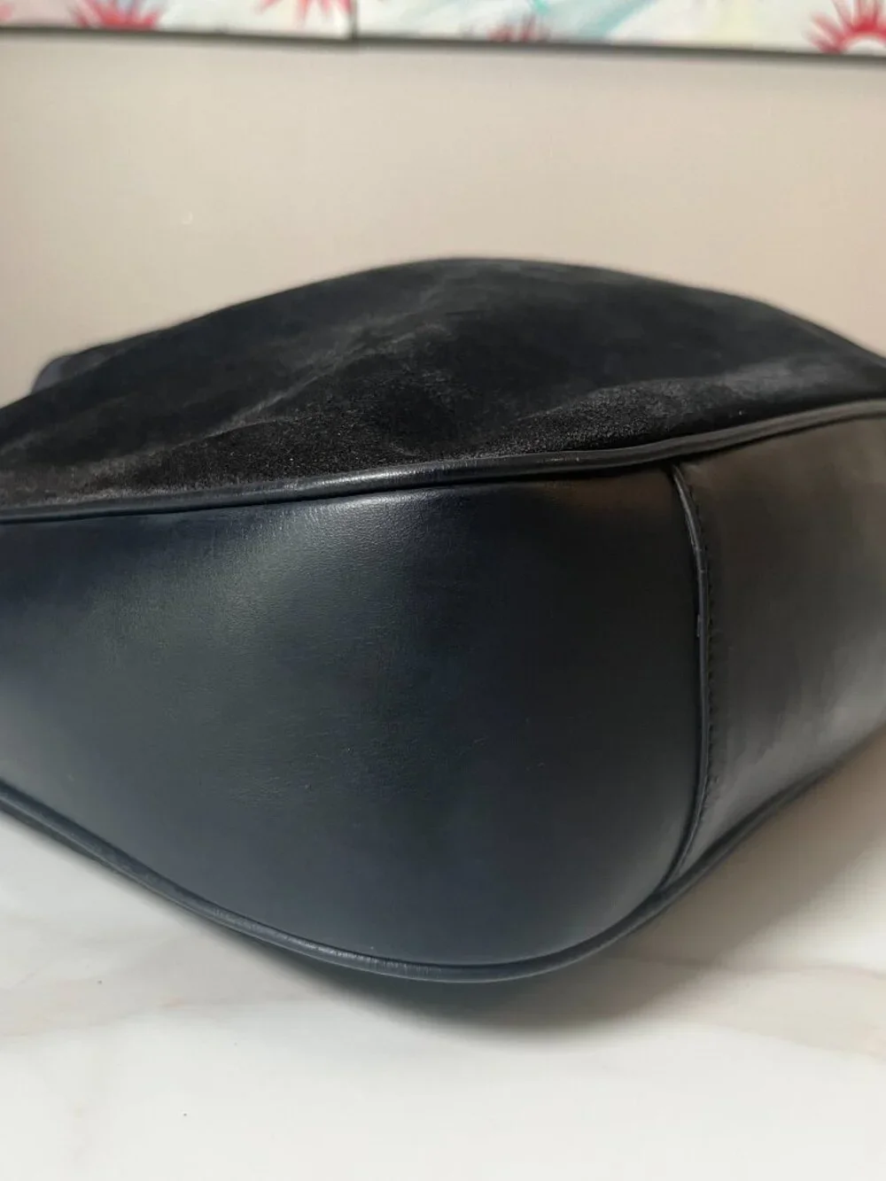 Gucci Tom Ford Bamboo Handle Midnight Blue Suede Hobo Shoulder Bag Leather Trim